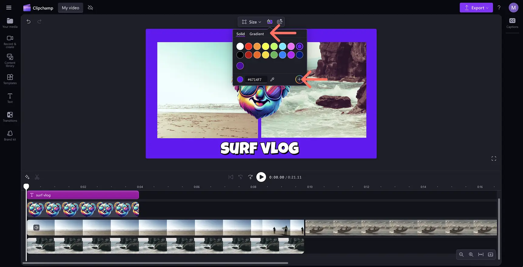 用户在 Clipchamp 中添加自定义十六进制代码或制作渐变背景