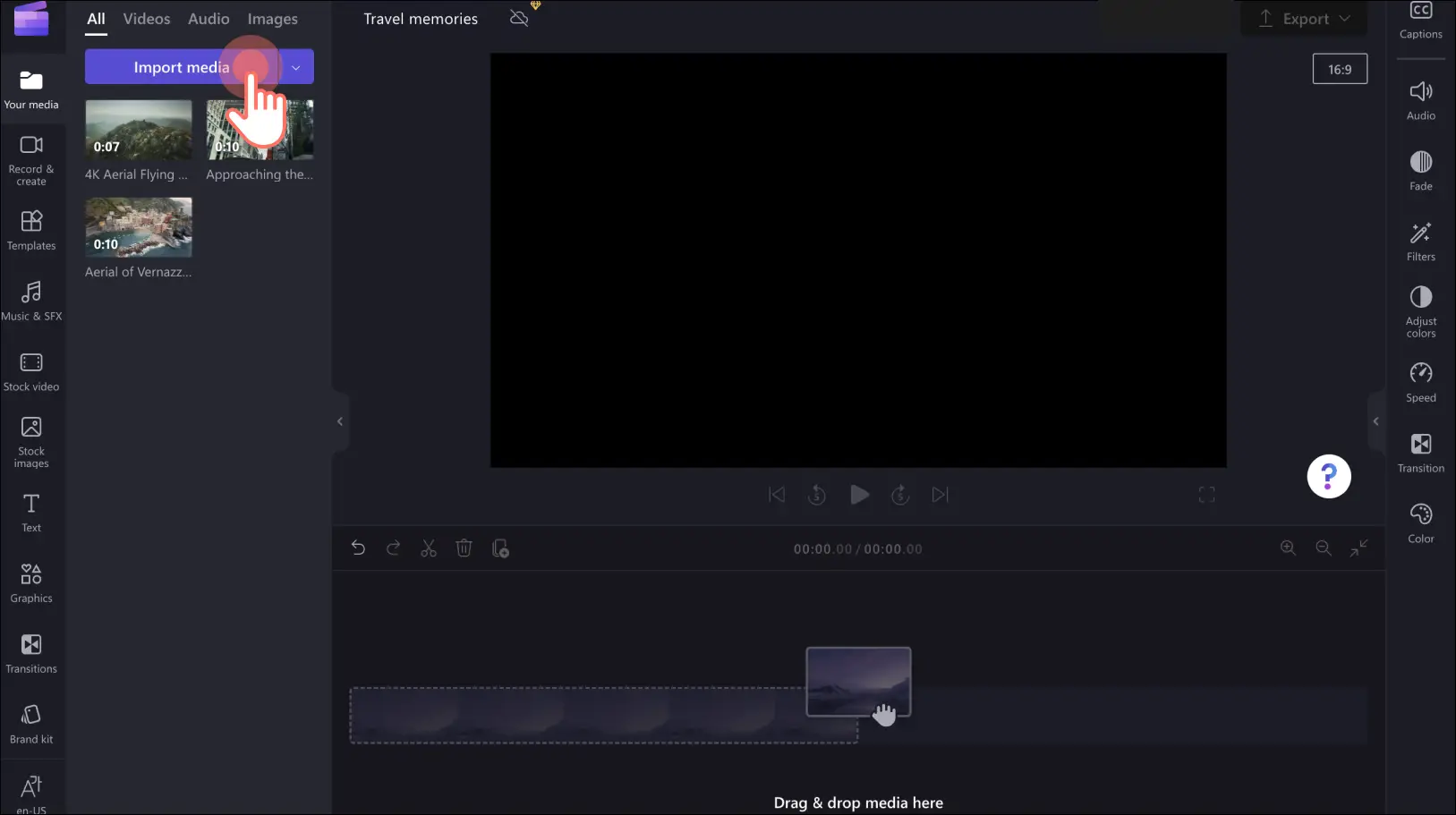 Изображение отправки мультимедиа в Clipchamp.