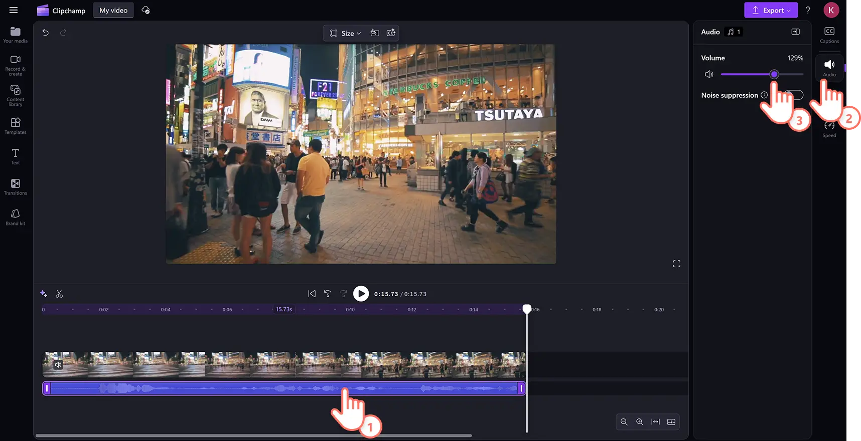 Ein Benutzer, der die Lautstärke einer MP3-Datei mit dem Lautstärkeregler im Clipchamp-Videoeditor erhöht.