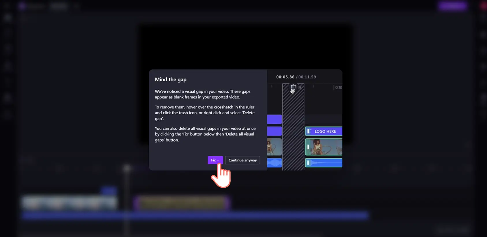En meddelelse om at være opmærksom på mellemrummet i videoredigeringsprogrammet Clipchamp.