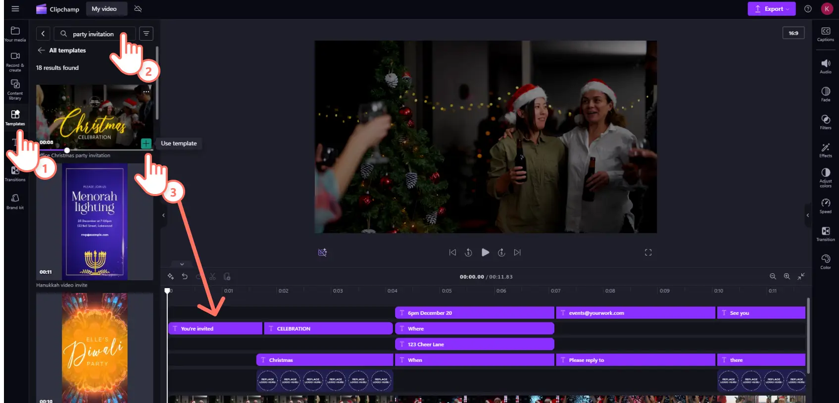 A user adding a video party invite template to the timeline in Clipchamp.