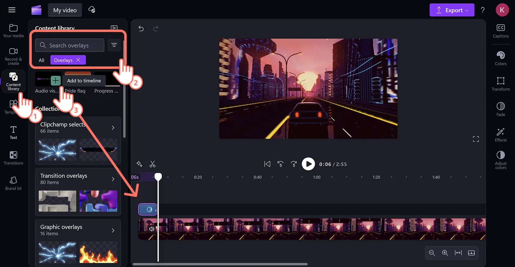 用户在 Clipchamp 视频编辑器中为视频添加音乐可视化效果。