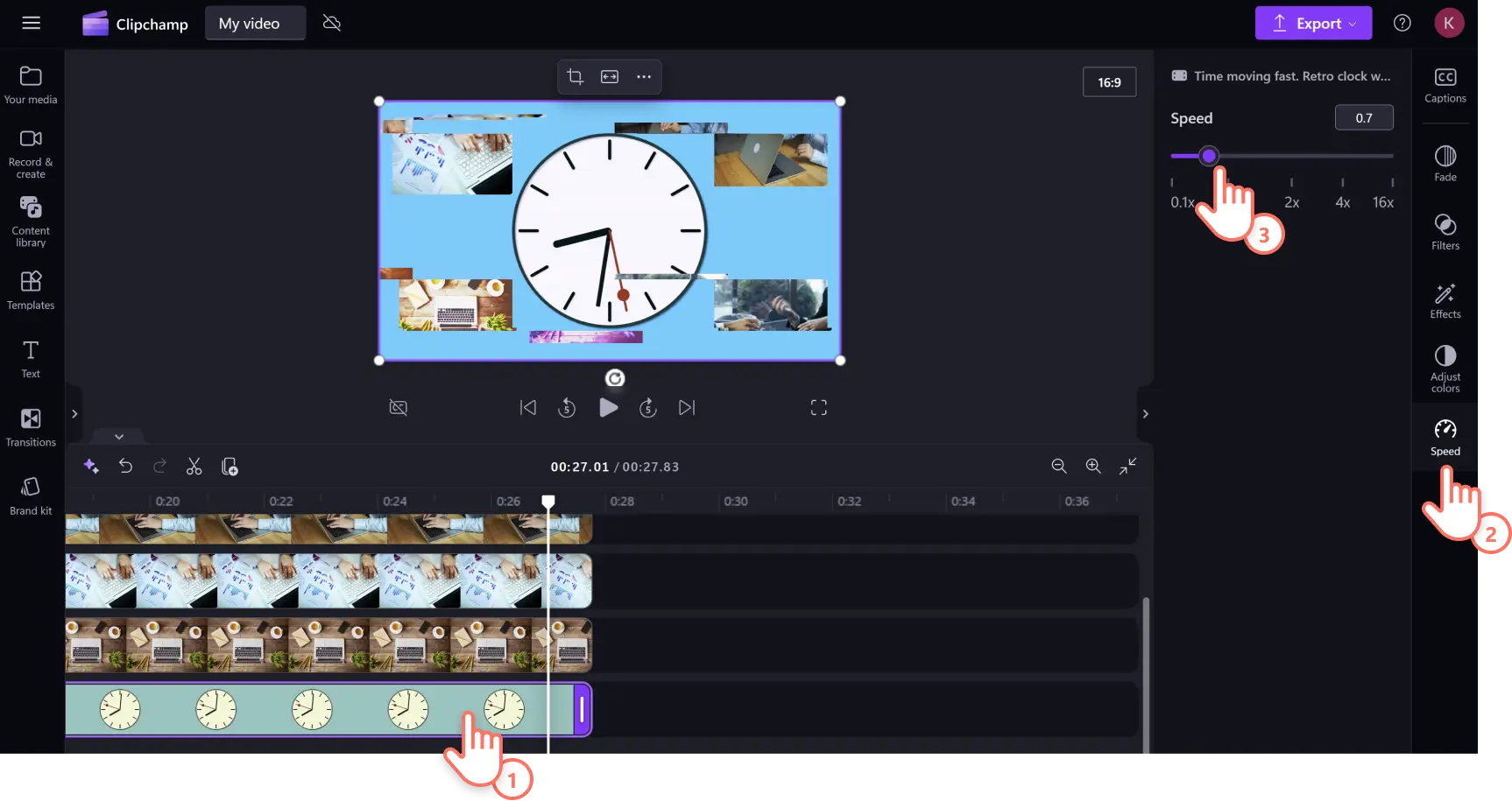 A user adjusting the speed of a stock video asset in Clipchamp.