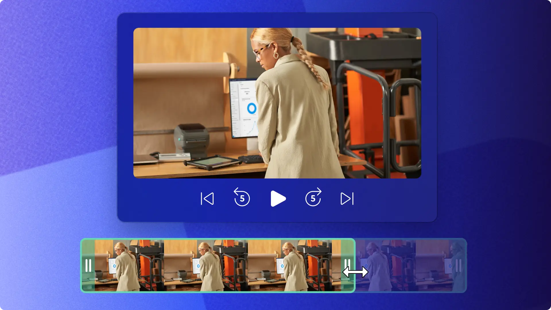 Clipchamp қолданбасындағы кесу мүмкіндігінің кескіні, ол қию үшін таңдалып жатқан табиғат бейнесінің бір бөлігін көрсетеді.  