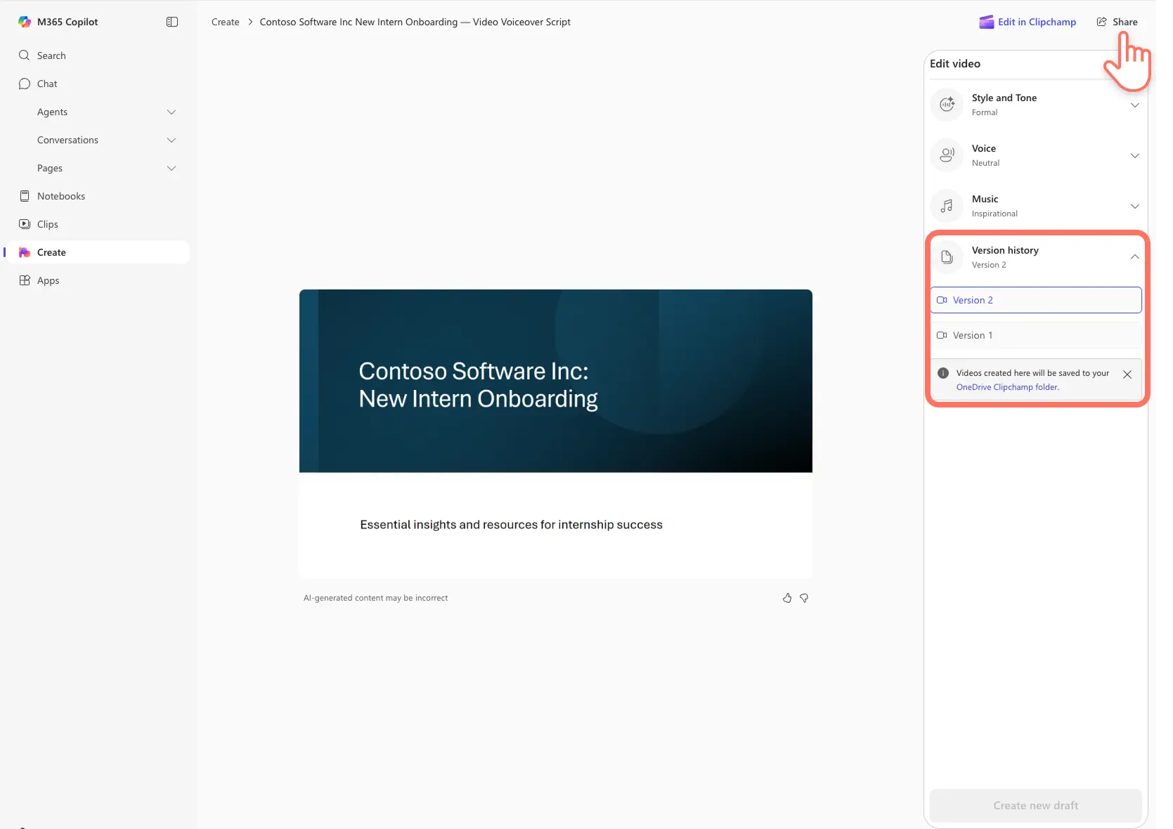 A user saving and sharing a video presentation generated by Microsoft Copilot in Create Hub.