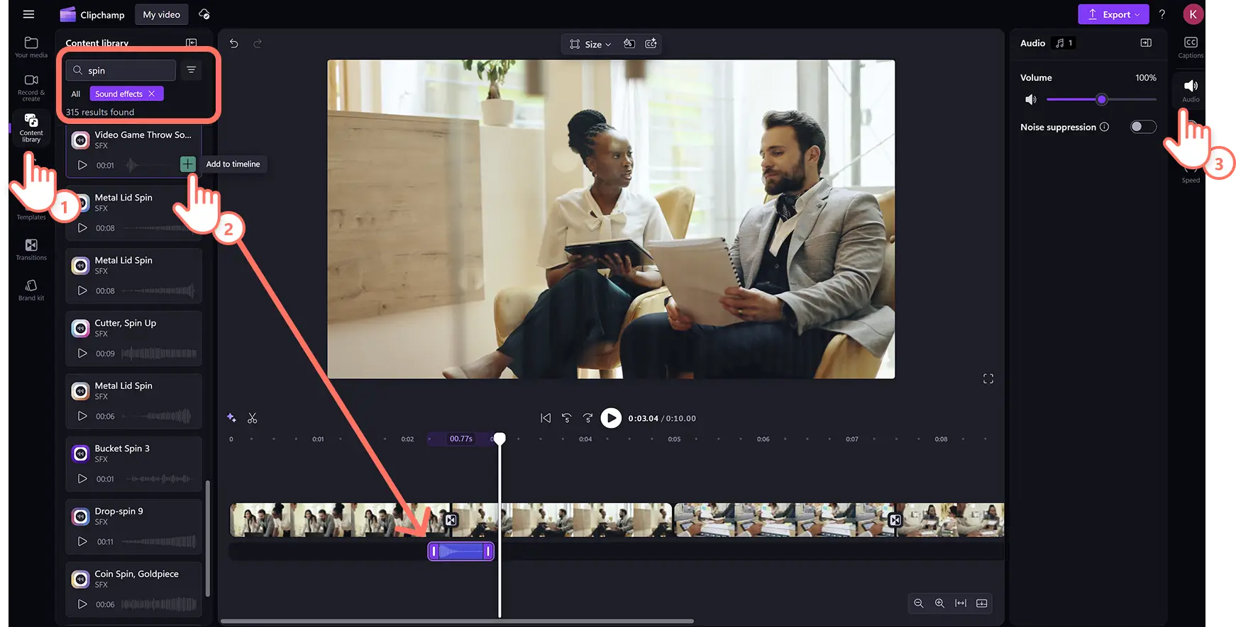Un usuario añadiendo efectos de sonido a la transición de giro en el editor de vídeo Clipchamp.