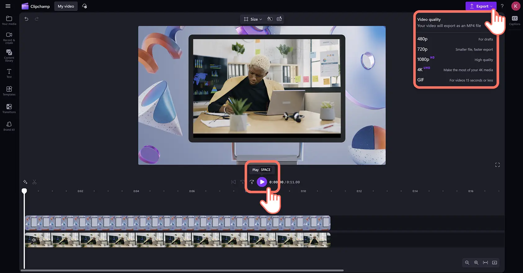 Un utente che esporta un video con una cornice nell'editor video Clipchamp.