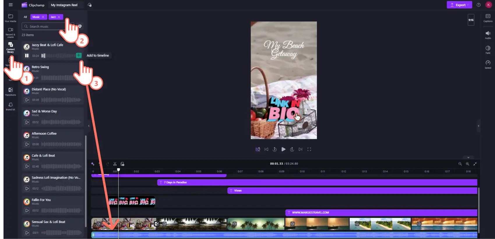 Un utilisateur de Clipchamp ajoutant de la musique à sa vidéo de Reel Instagram.