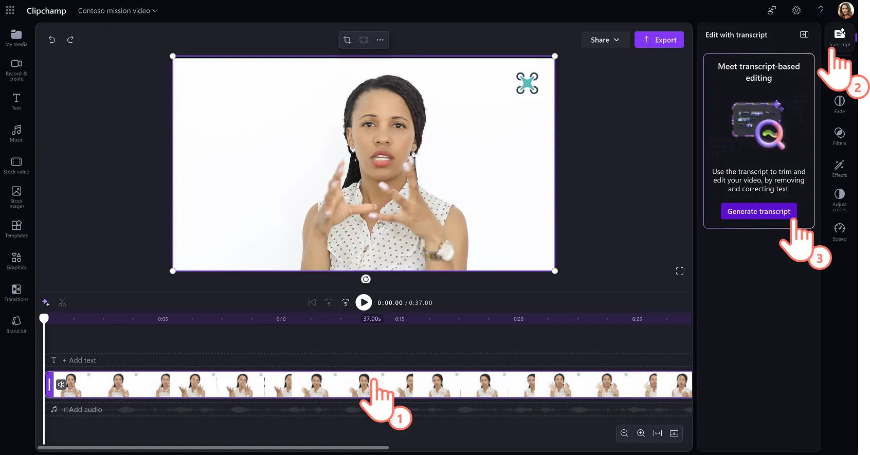 A user selecting generate transcript button in Clipchamp video editor for work