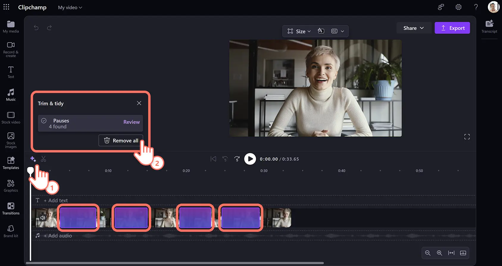 Usuário removendo silêncios em um vídeo de depoimento de cliente no Clipchamp para o trabalho.