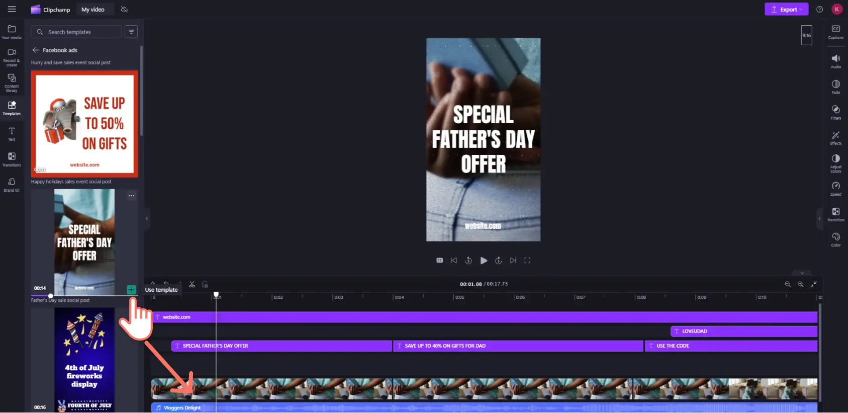 An image of a Clipchamp user adding a template to the editing timeline.
