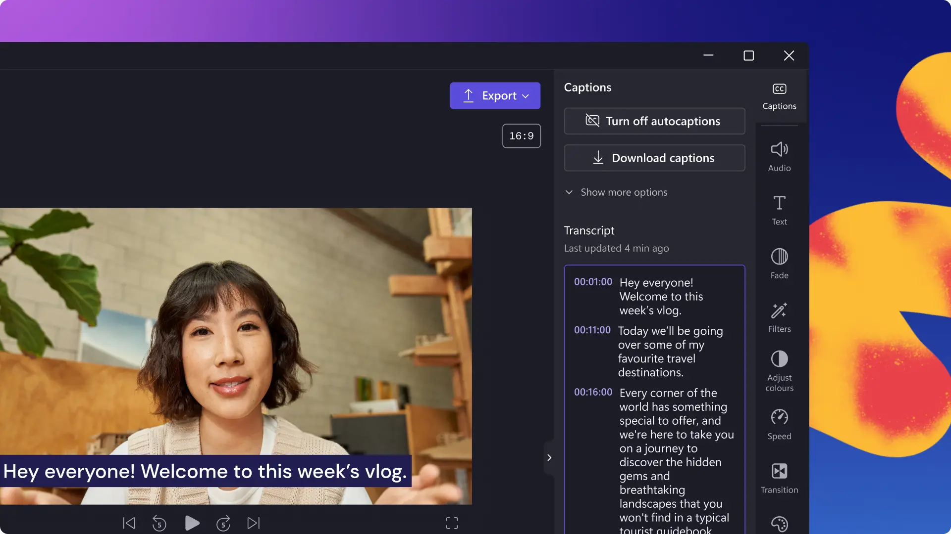 Clipchamp-тағы автоматты субтитр функциясының транскрипция жасап жатқан жұмысы кезіндегі суреті.