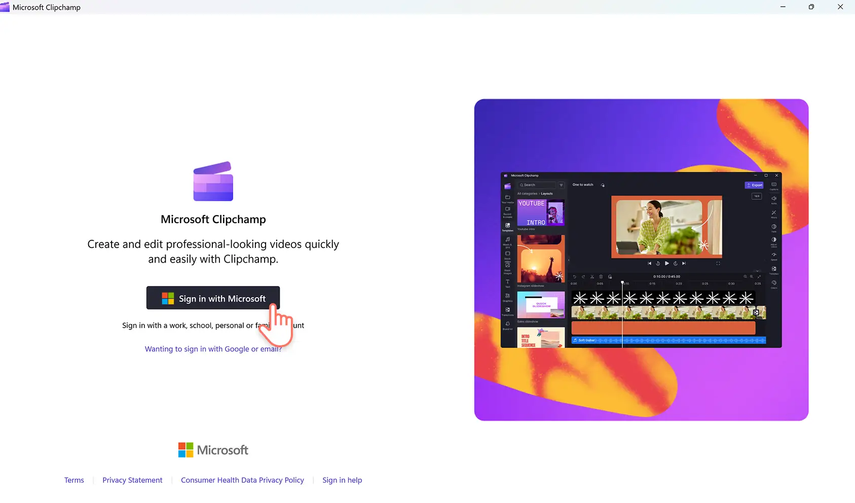 O imagine cu un utilizator care se conectează la Clipchamp.