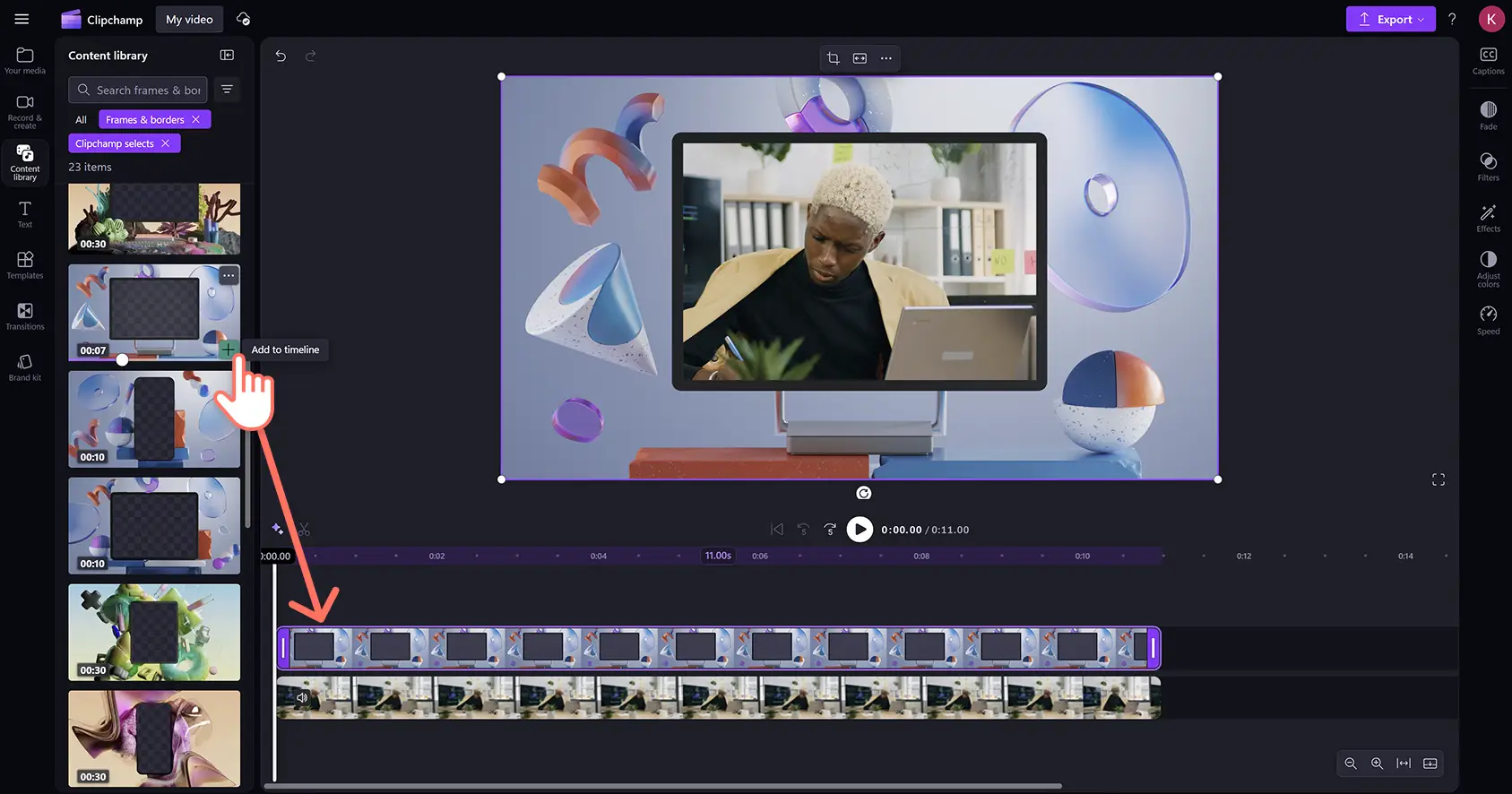 Un utente che aggiunge un bordo animato a un video nell'editor video Clipchamp.