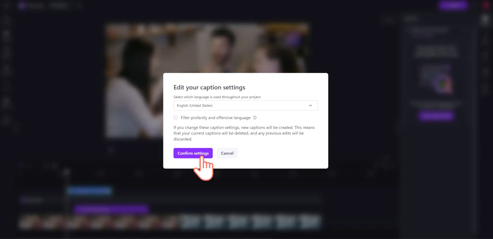 Image d’un utilisateur de Clipchamp confirmant la création de sous-titres automatique dans la fenêtre indépendante.