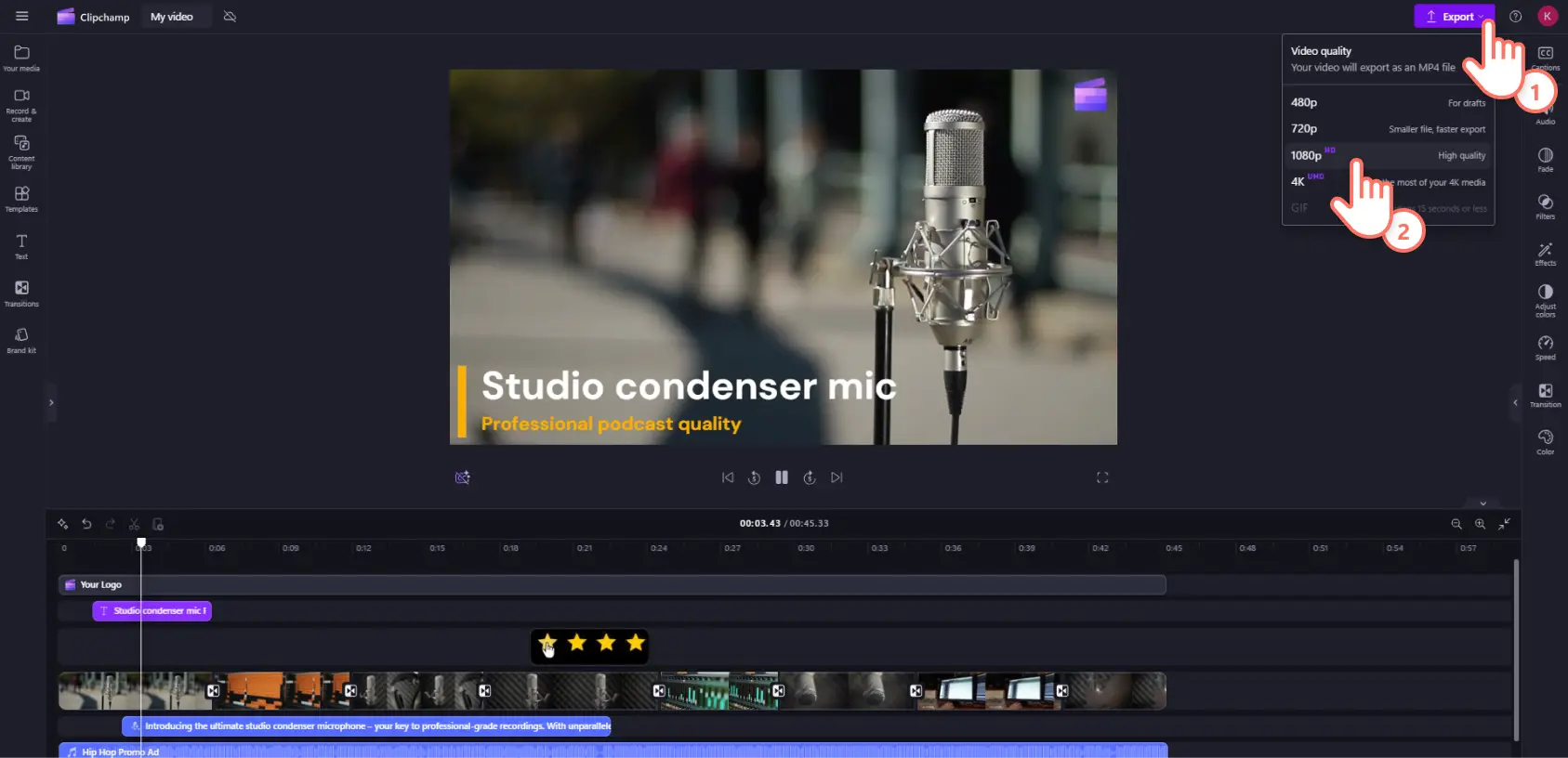 A user exporting a landing page video in 1080p HD in Clipchamp.