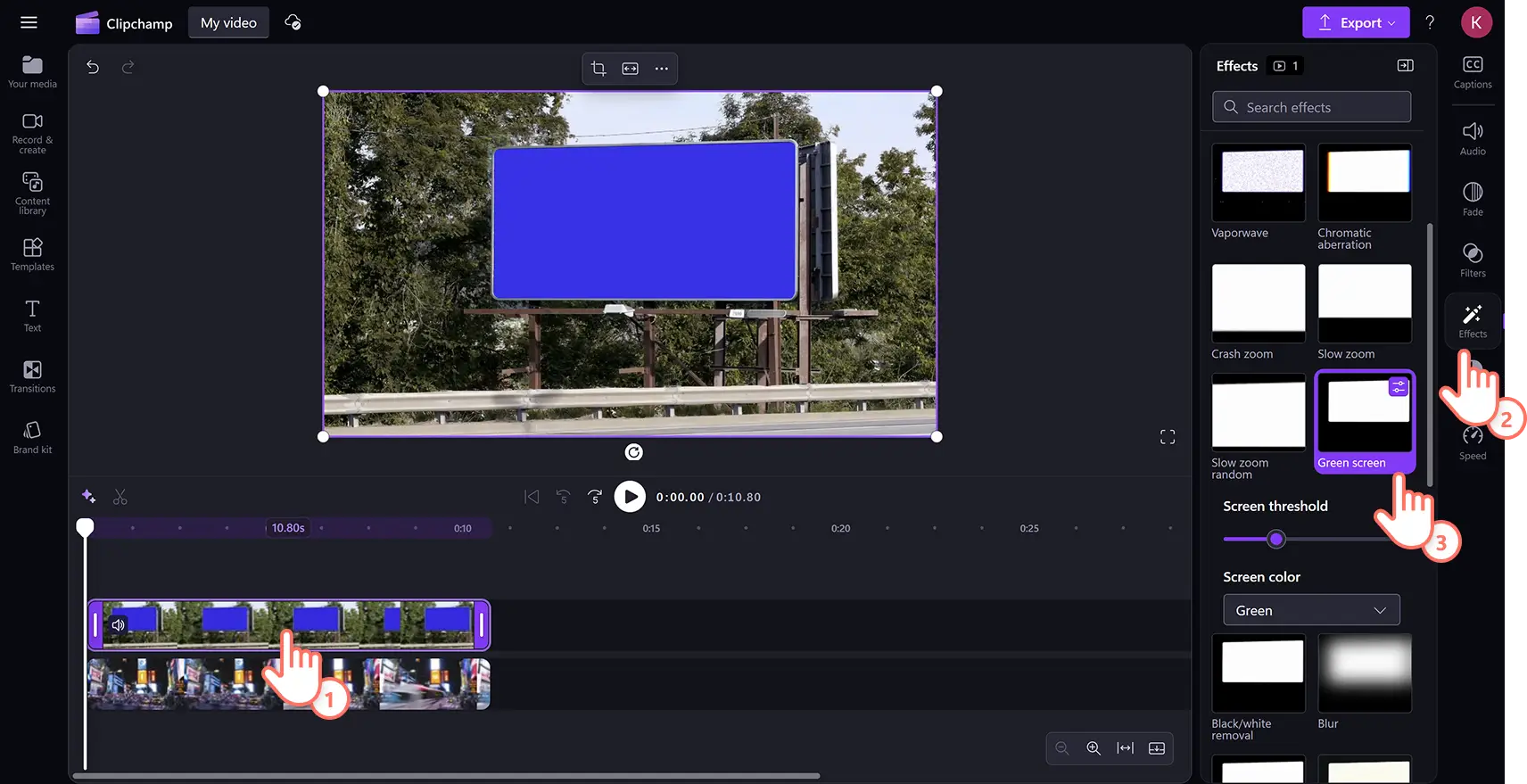 Imej pengguna Clipchamp mengklik kesan skrin hijau dalam tab kesan.