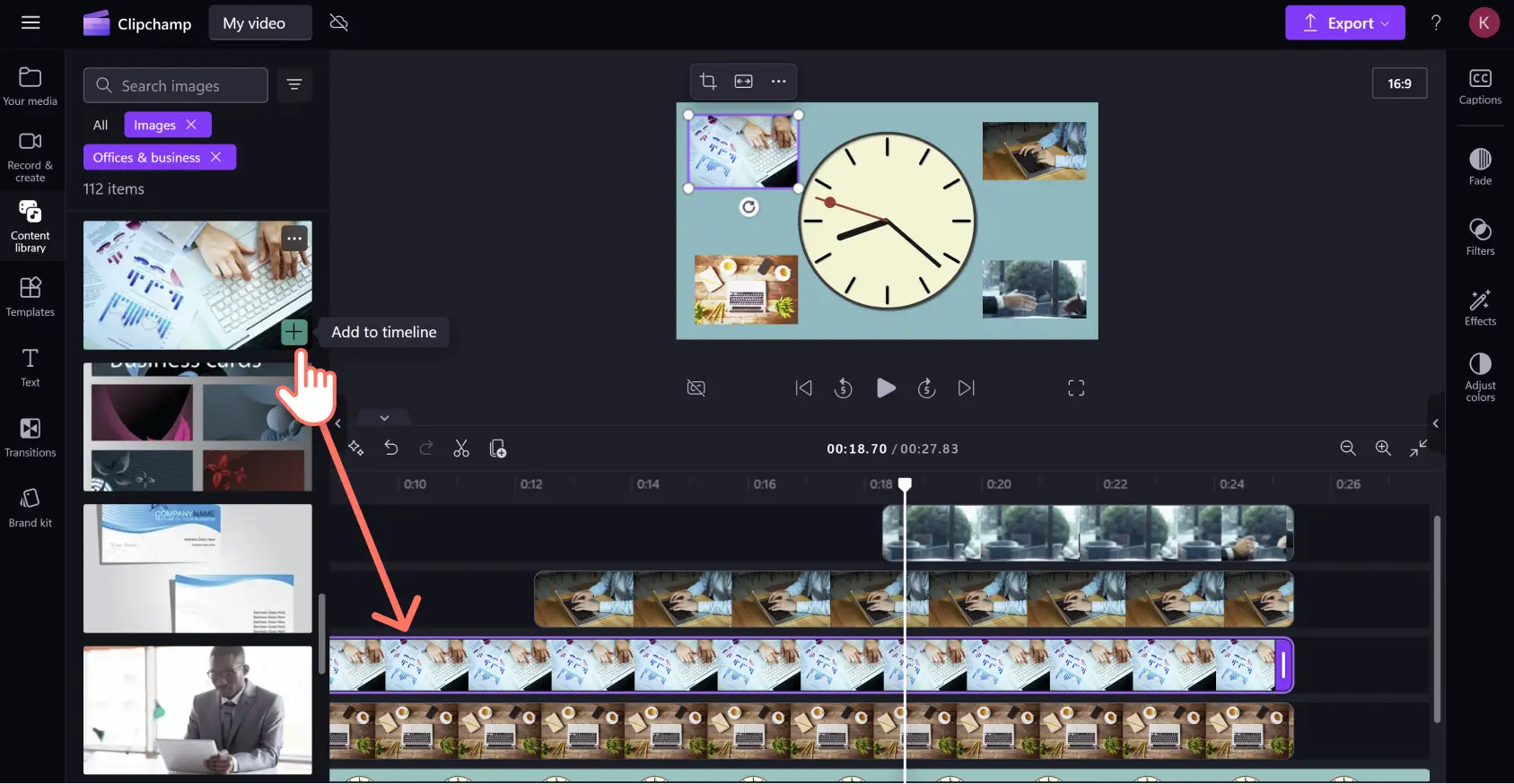 A user adding multiple stock images above a video asset on the timeline in Clipchamp.