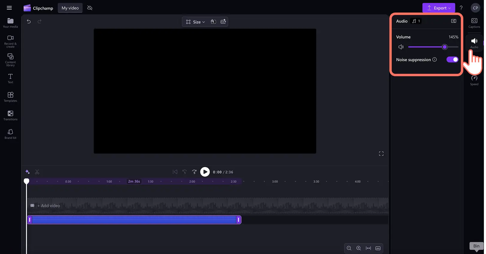 A user editing the volume and noise suppression of an audio track.