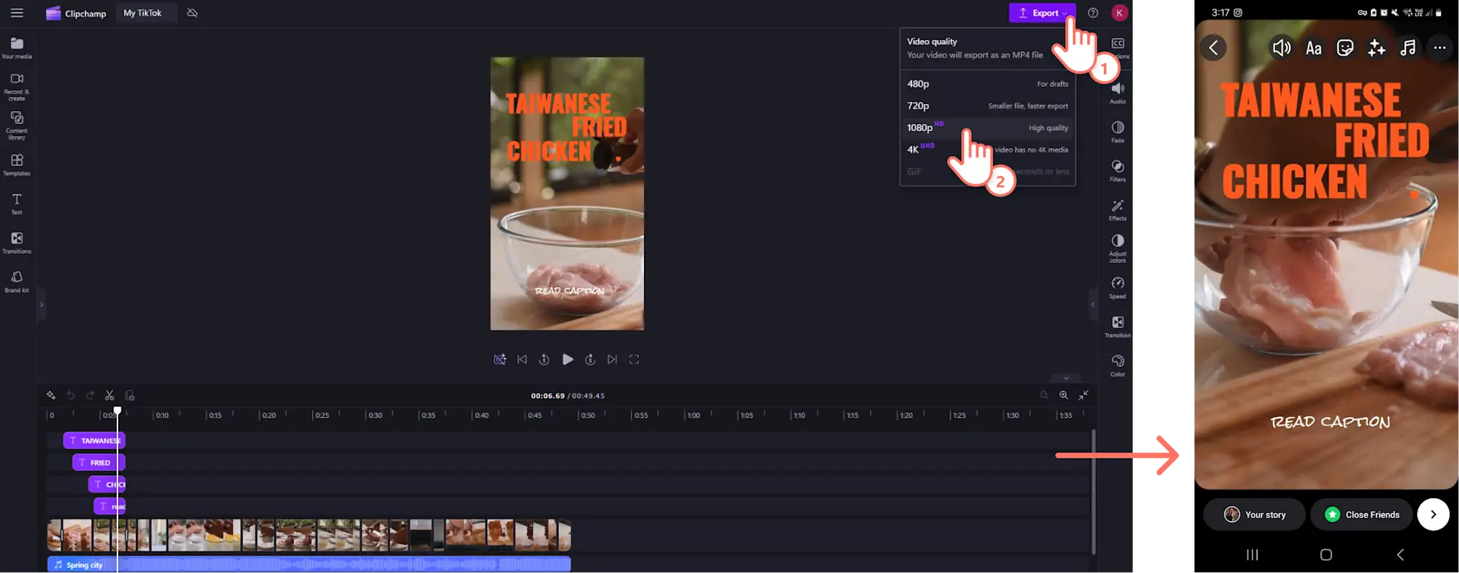 Et bilde av en Clipchamp-bruker som eksporterer en video fra redigeringsprogrammet for så å låste den opp som Reel på Instagram.