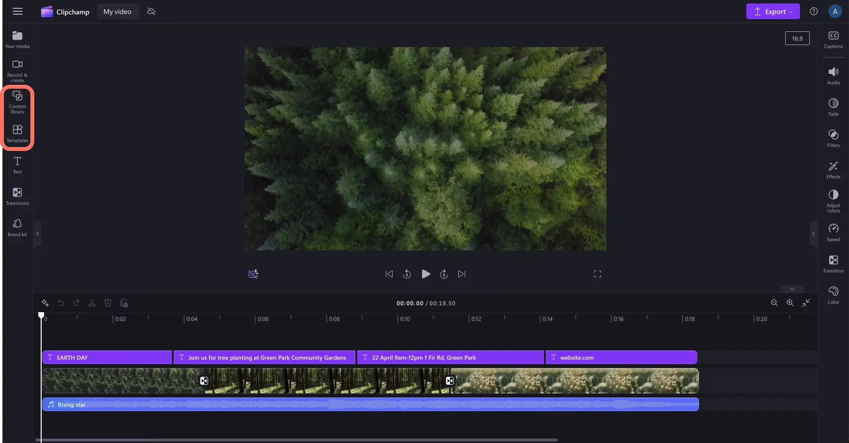 Image showing the content library and template tabs on the toolbar in Clipchamp.