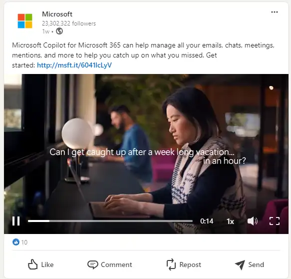 Une capture d'écran d'une vidéo de la page d'entreprise sur LinkedIn publiée par Microsoft.