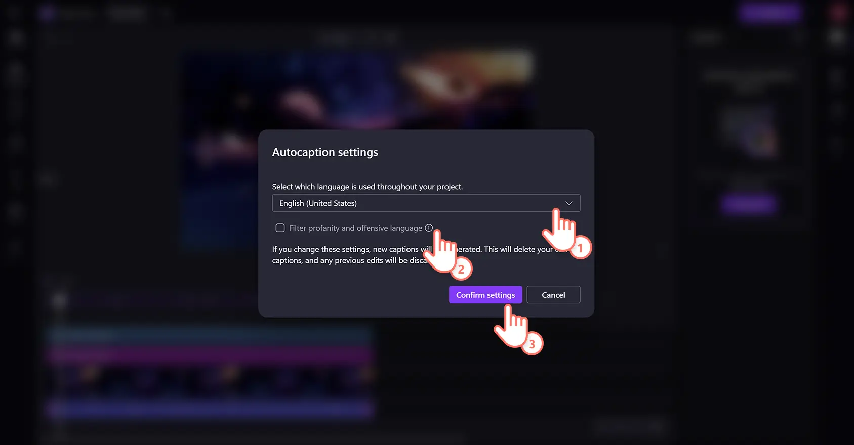 En bruger anvender indstillinger for automatiske undertekster på en podcastvideo i Clipchamp-videoeditoren.