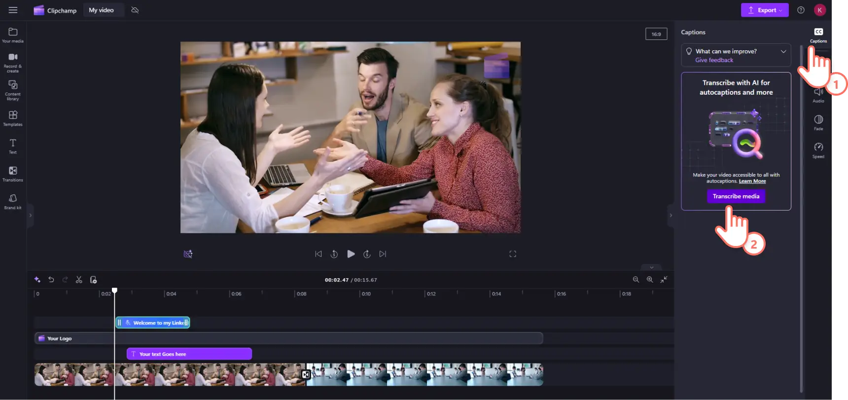 Image d’un utilisateur de Clipchamp cliquant sur le bouton Transcrire le média pour générer des sous-titres.