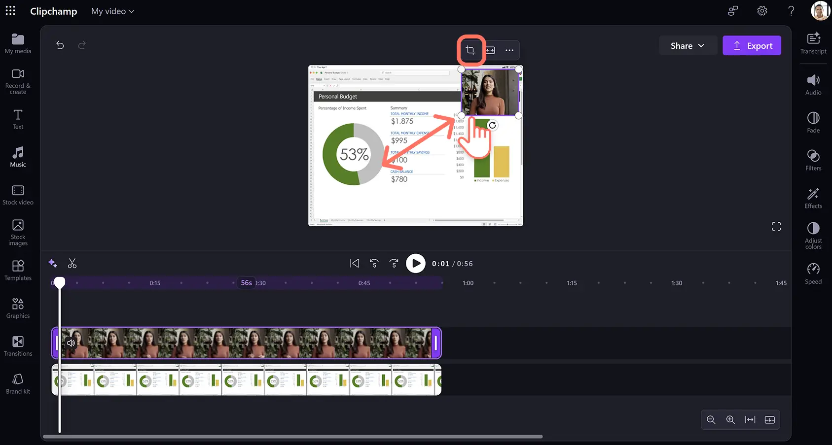 Eine Person, die eine Videoüberlagerung in einem Produktdemovideo in Clipchamp für die Arbeit anpasst.