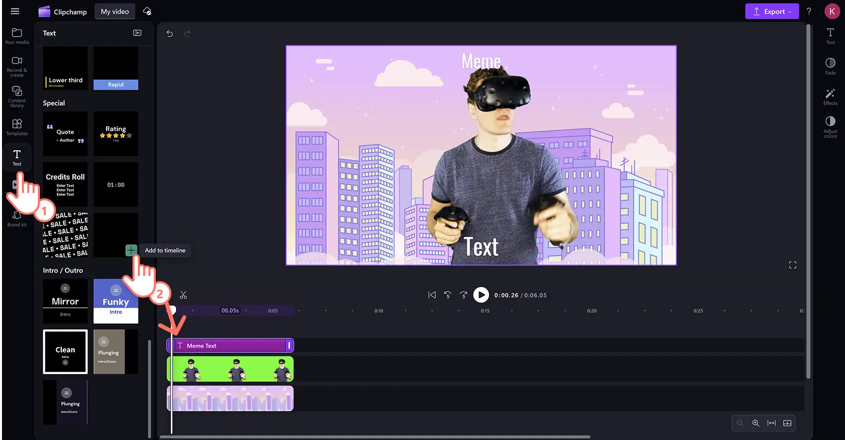Eine Person fügt einem Video mit grünem Bildschirm im Clipchamp Video-Editor Meme-Text hinzu.