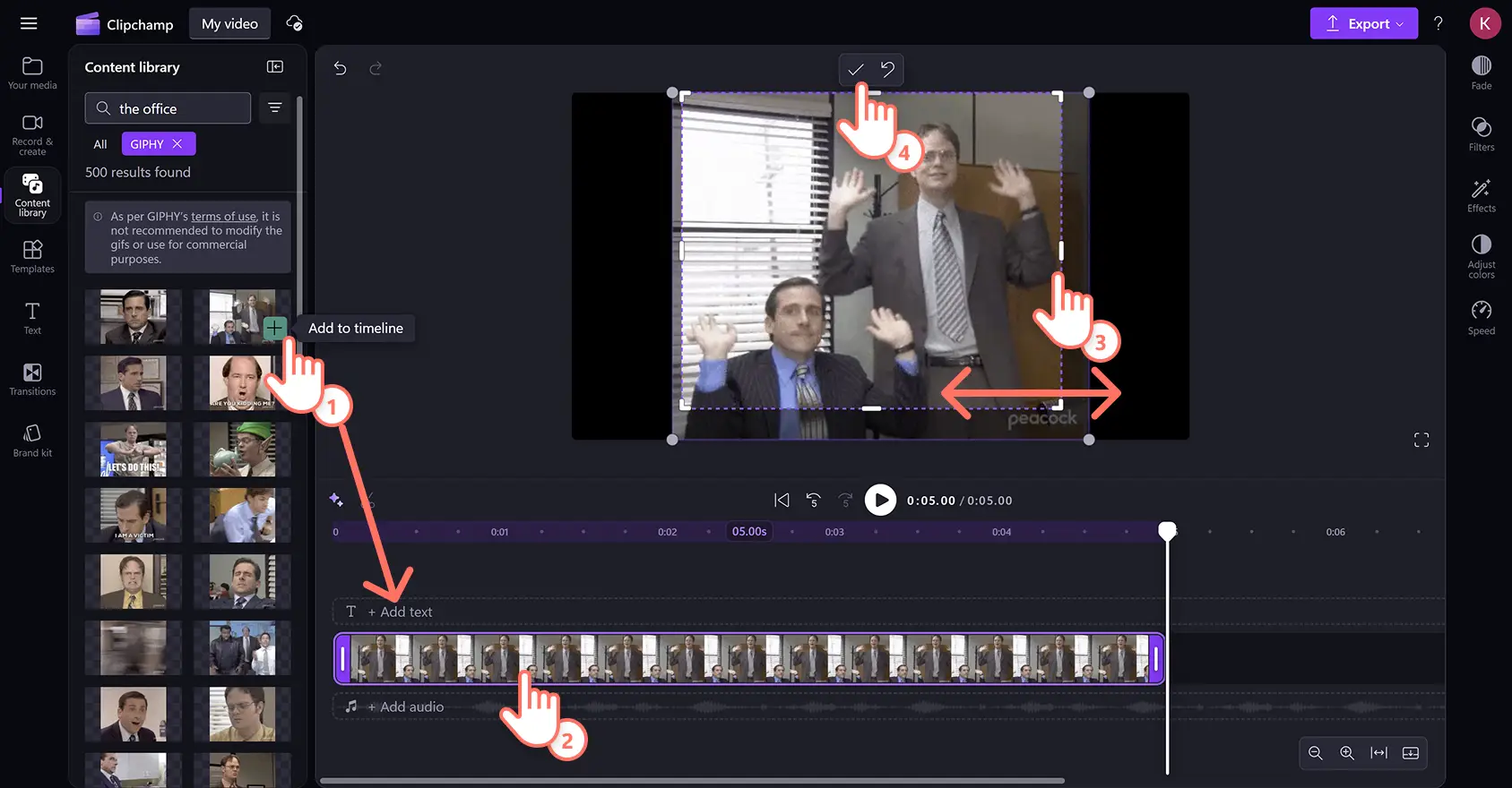 Clipchamp video düzenleyicisinde bir GIF kırpan bir kullanıcı.