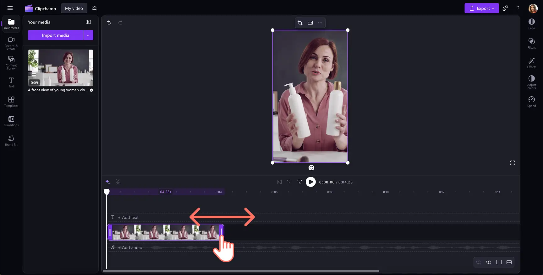 A user trimming the video length in Clipchamp.