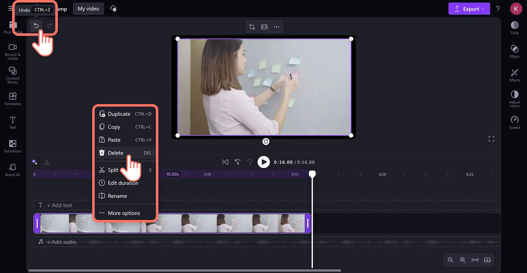 Clipchamp video düzenleyicide serbest kırpma işlemini geri alan bir kullanıcı.
