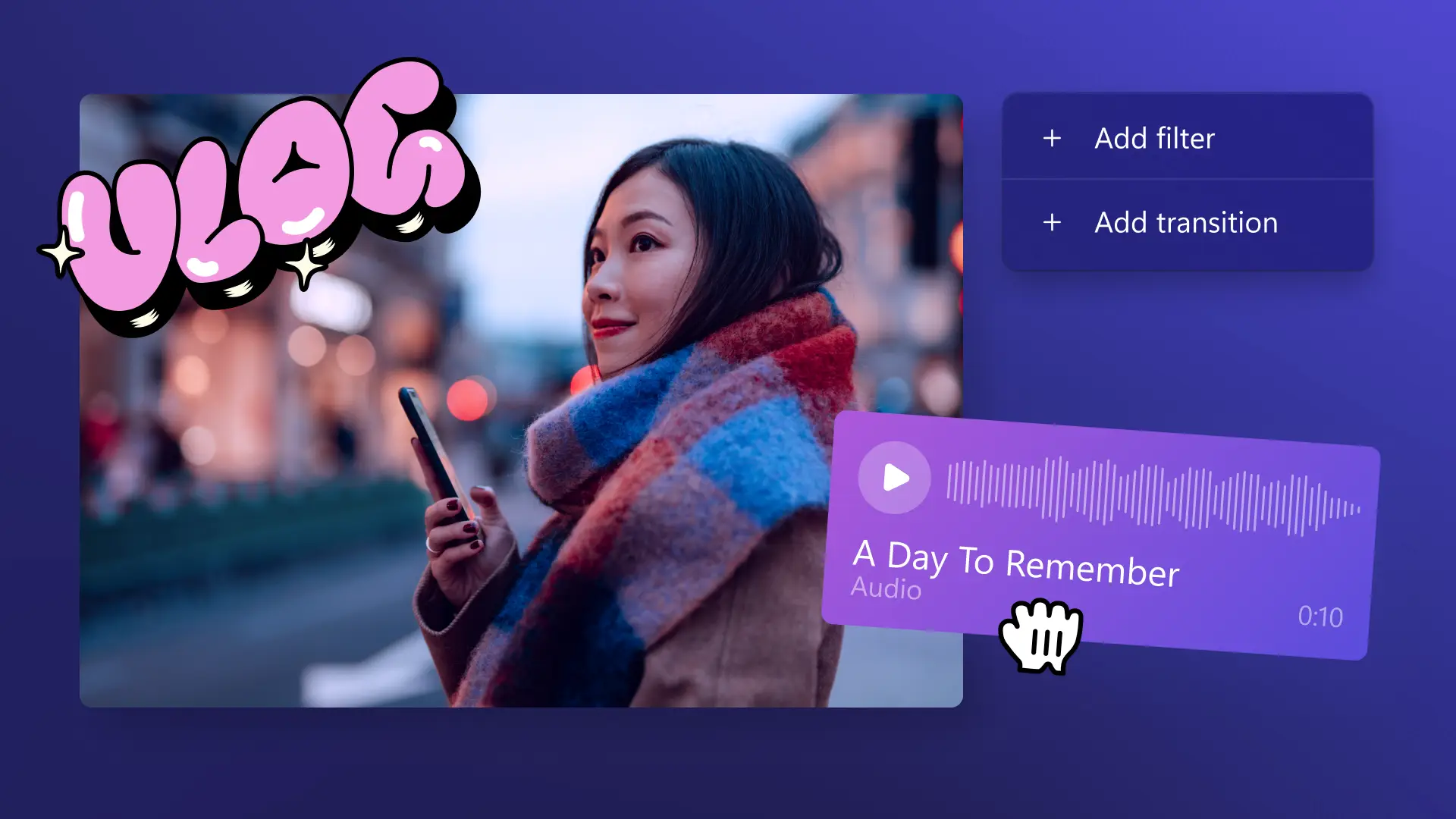Gambar abstrak yang memperlihatkan pengeditan vlog. Gambar seorang wanita muda sedang memegang ponselnya. Terdapat stiker bertuliskan "vlog". Tersedia juga gambar abstrak lain yang menunjukkan trek musik dan filter serta transisi yang ditambahkan ke klip. 