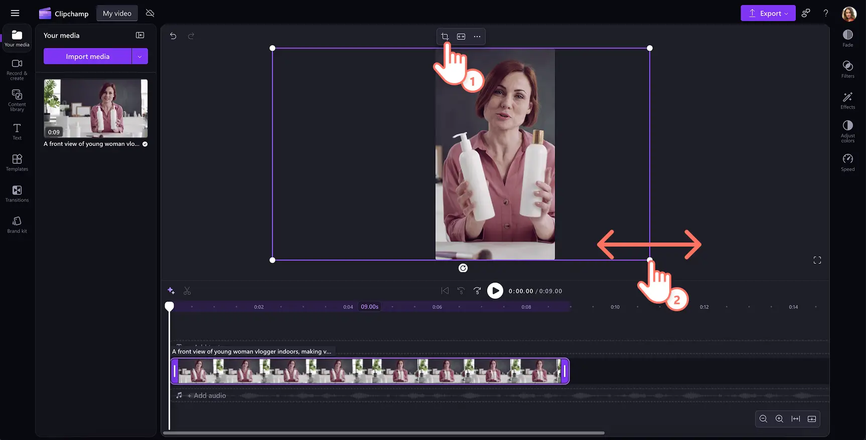 A user cropping a video to fit the 9:16 ratio for Instagram Reels and Stories in Clipchamp.