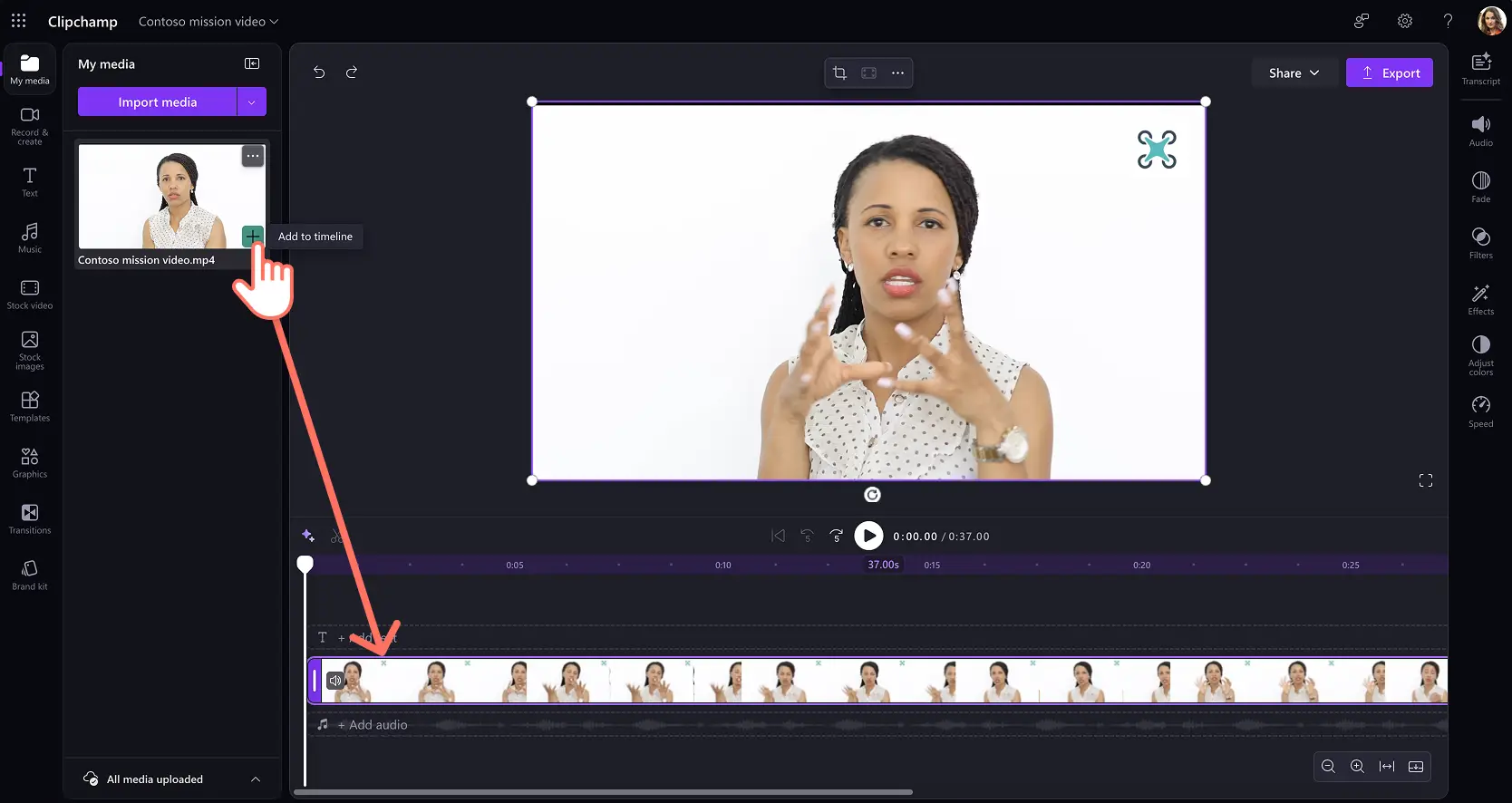 A user adding a video to Clipchamp for work timeline.