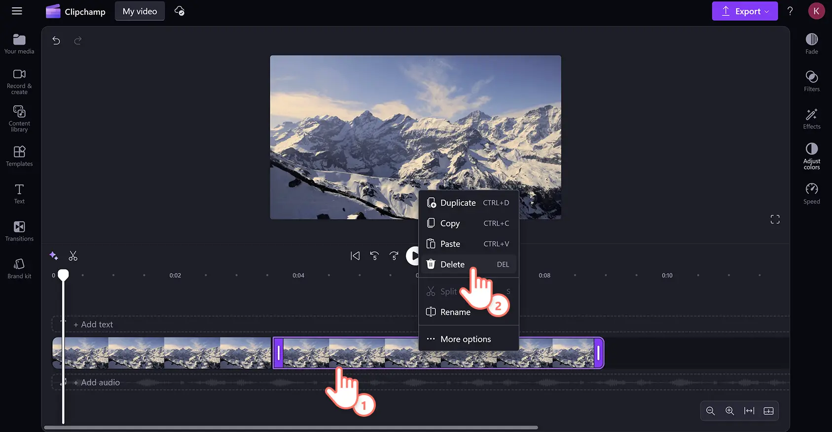 用户在 Clipchamp 中删除不需要的拆分视频剪辑。