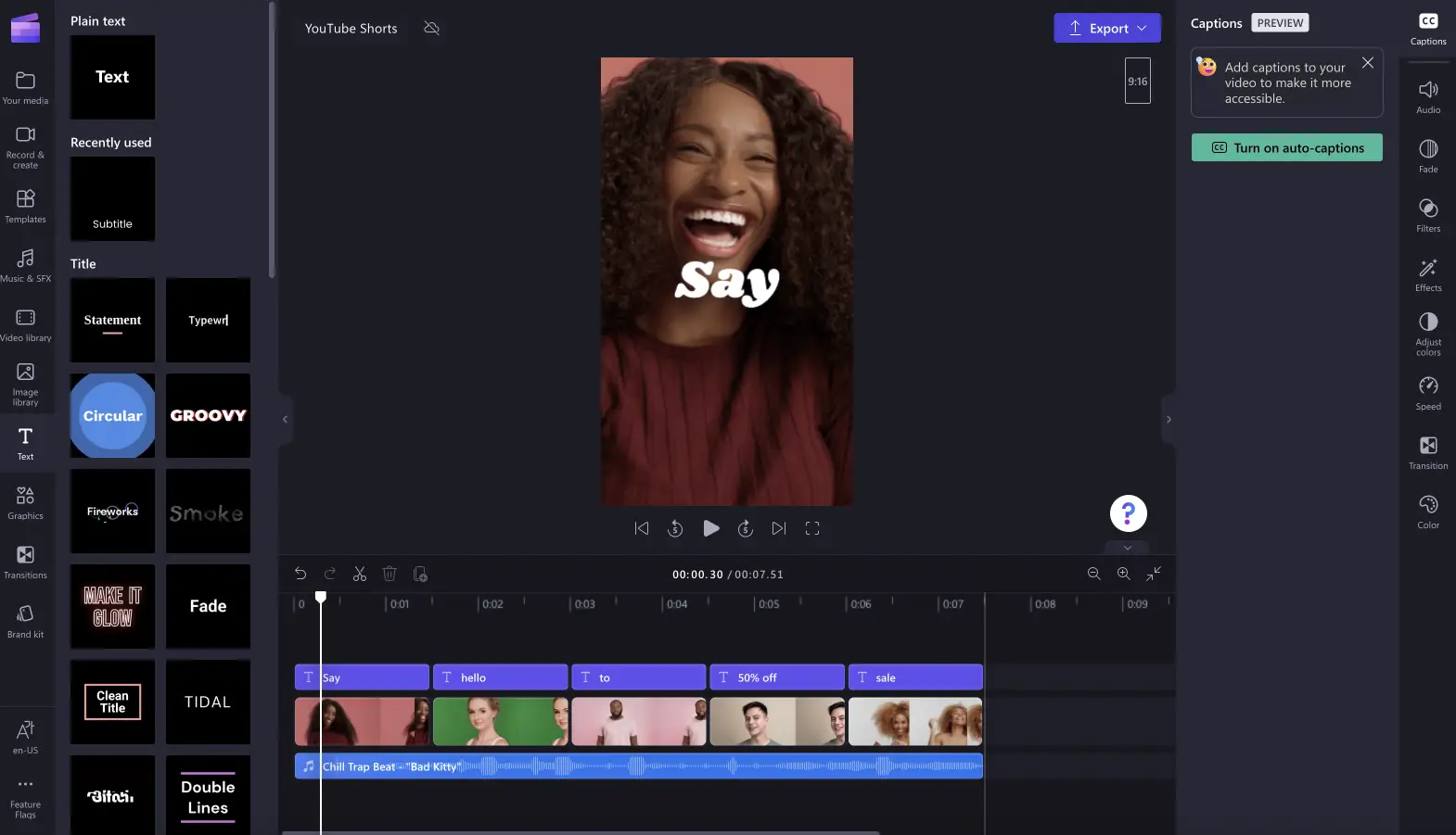쇼츠 동영상을 편집하는 Clipchamp 내부 이미지.