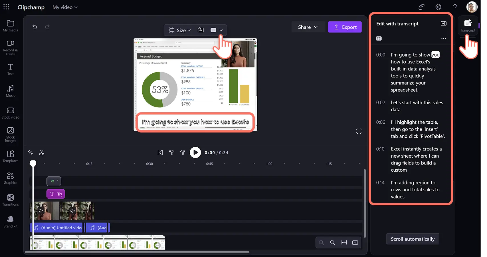 Eine Person, die für ein Produktdemovideo Untertitel und ein Videotranskript mit dem KI-Untertitelgenerator in Clipchamp für die Arbeit erstellt.