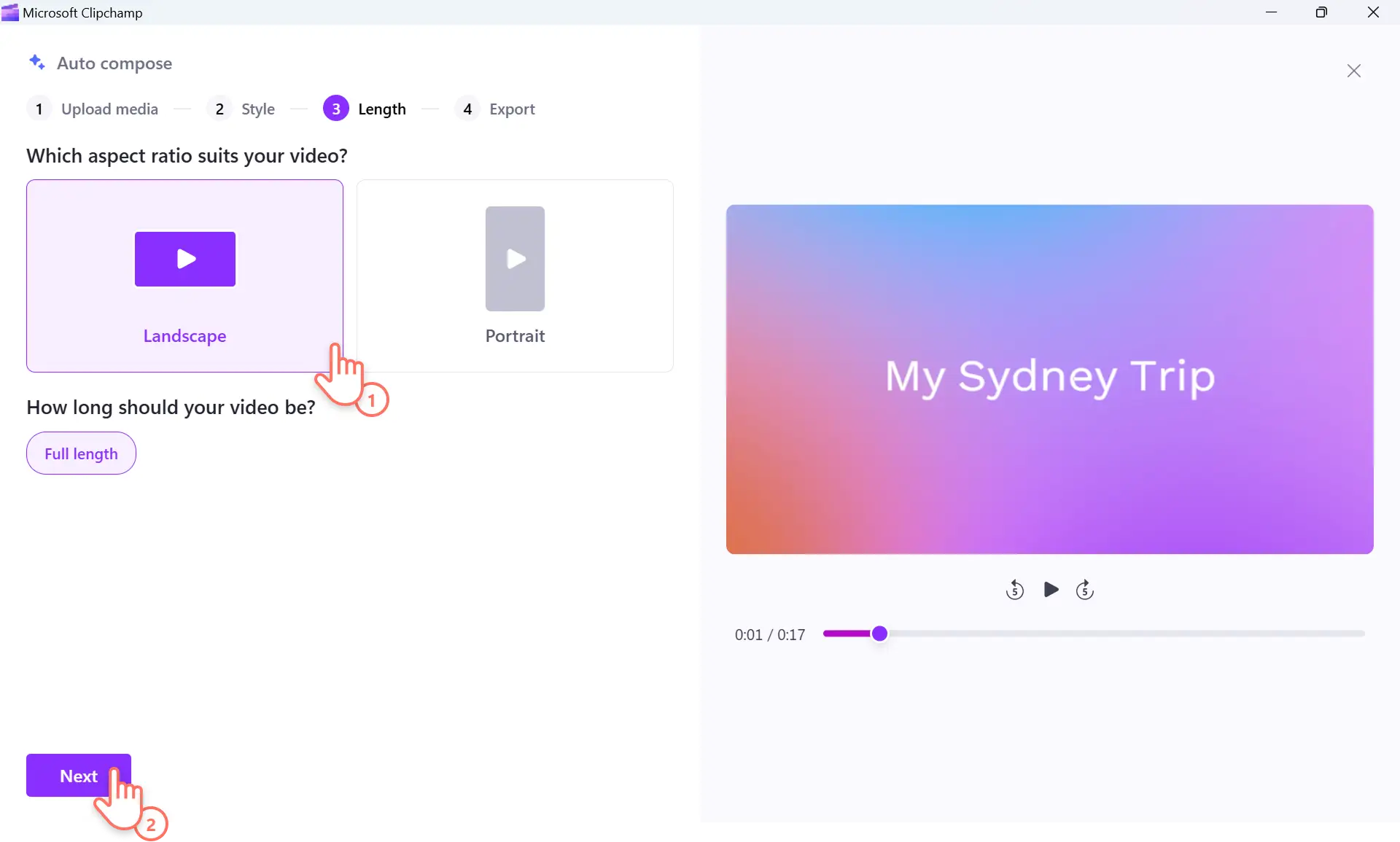 Select a video size in Clipchamp auto compose