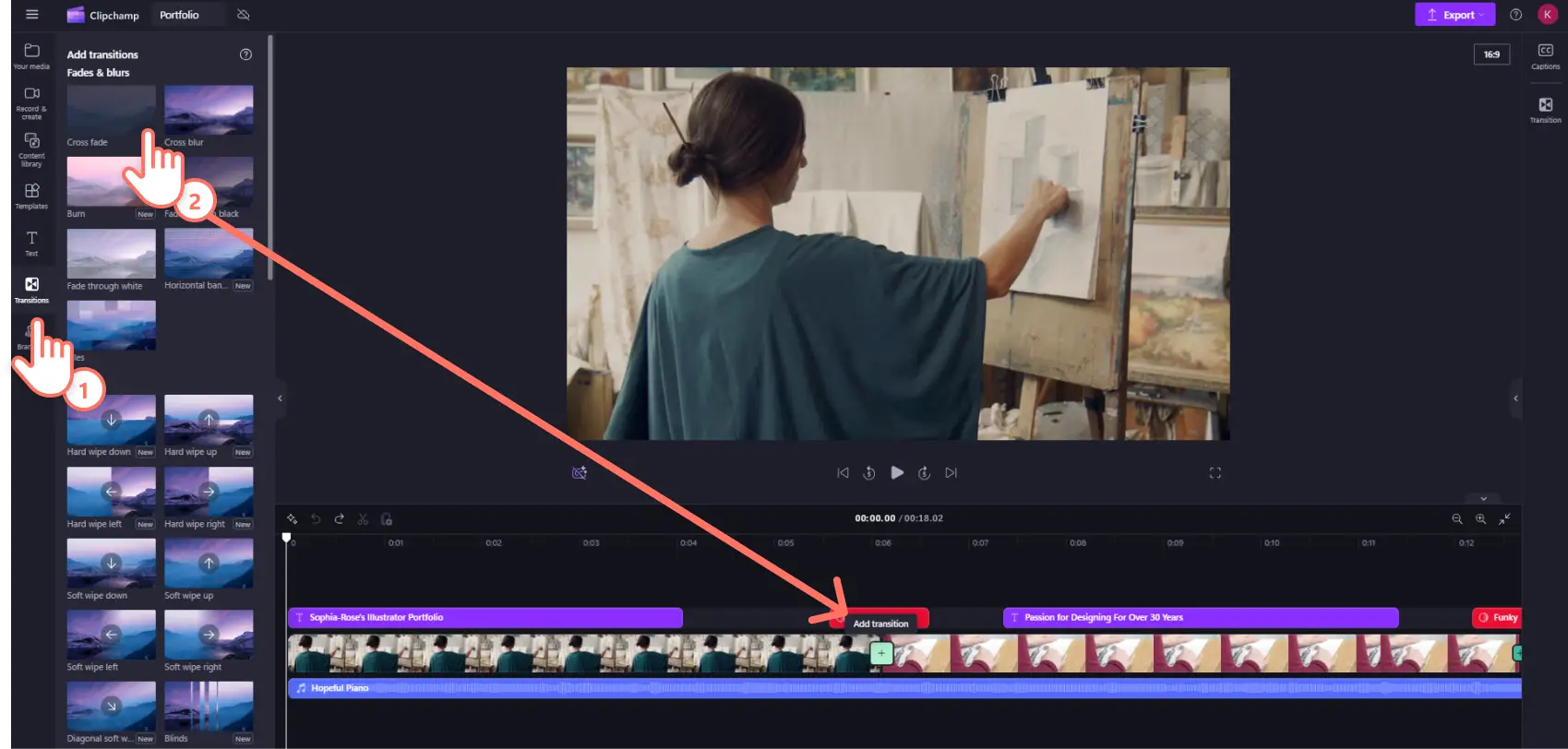 Een Clipchamp-gebruiker die een overgang toevoegt tussen twee videoclips van een videoportfolio.