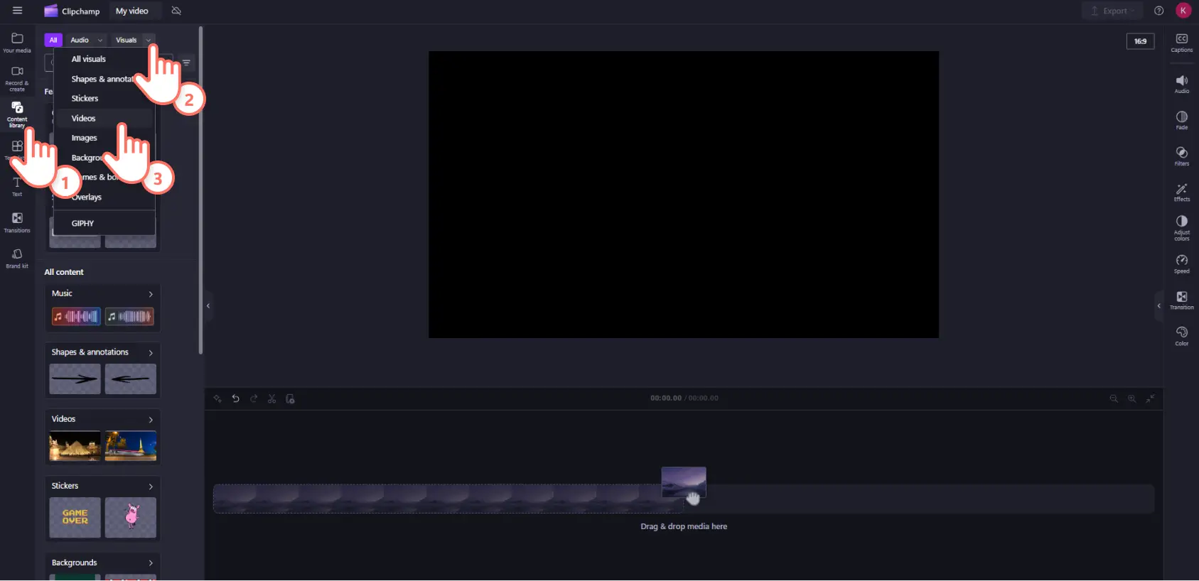 A user searching for royalty-free stock media in the content library inside Clipchamp.
