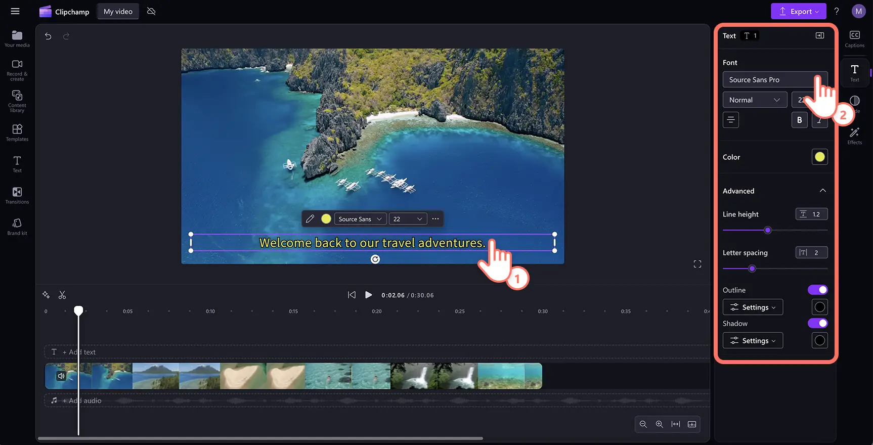 Gambar pengguna menyesuaikan tampilan subtitel di Clipchamp.