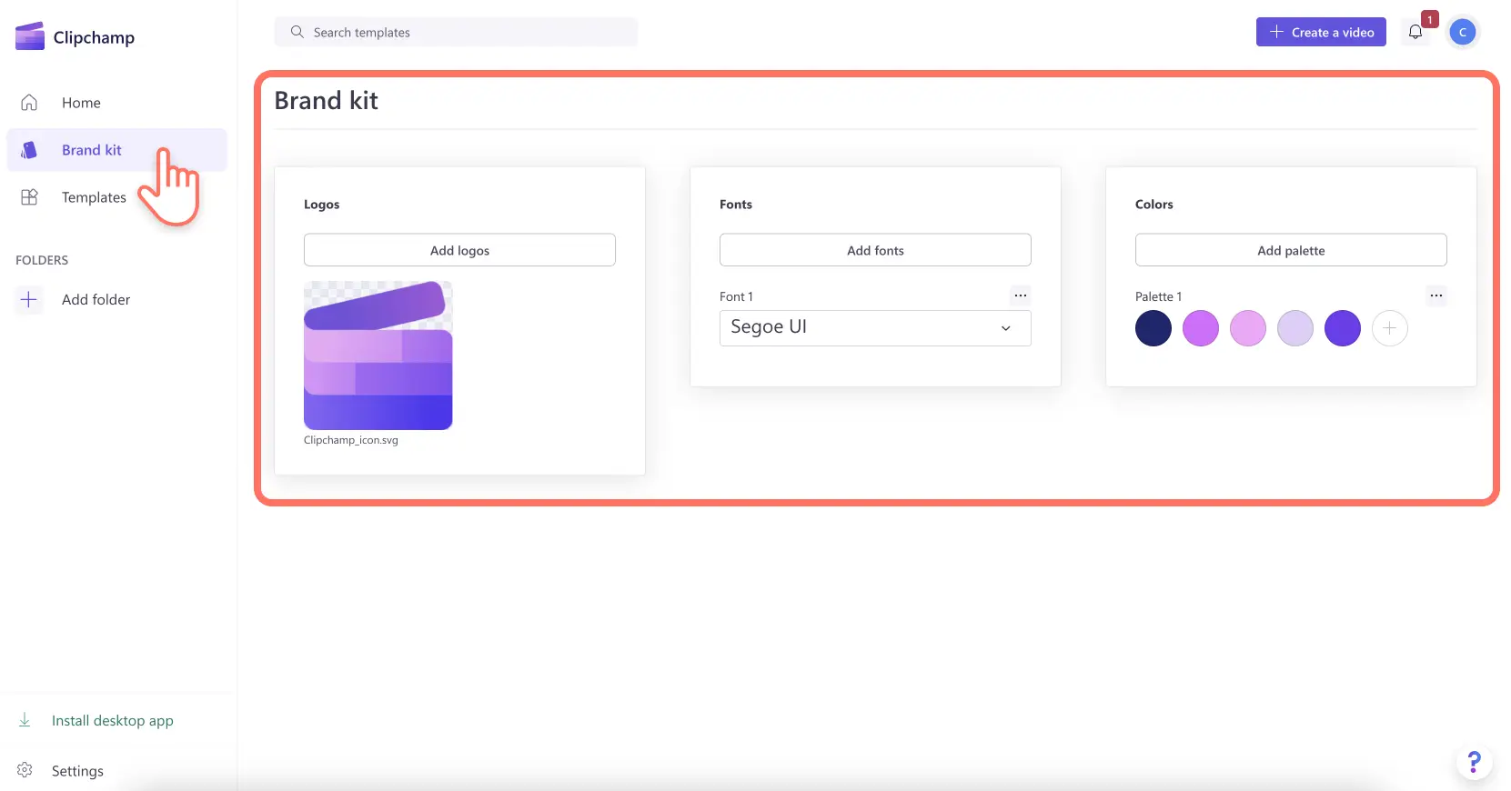 Clipchamp басты бетіндегі фирма жинағының суреті.