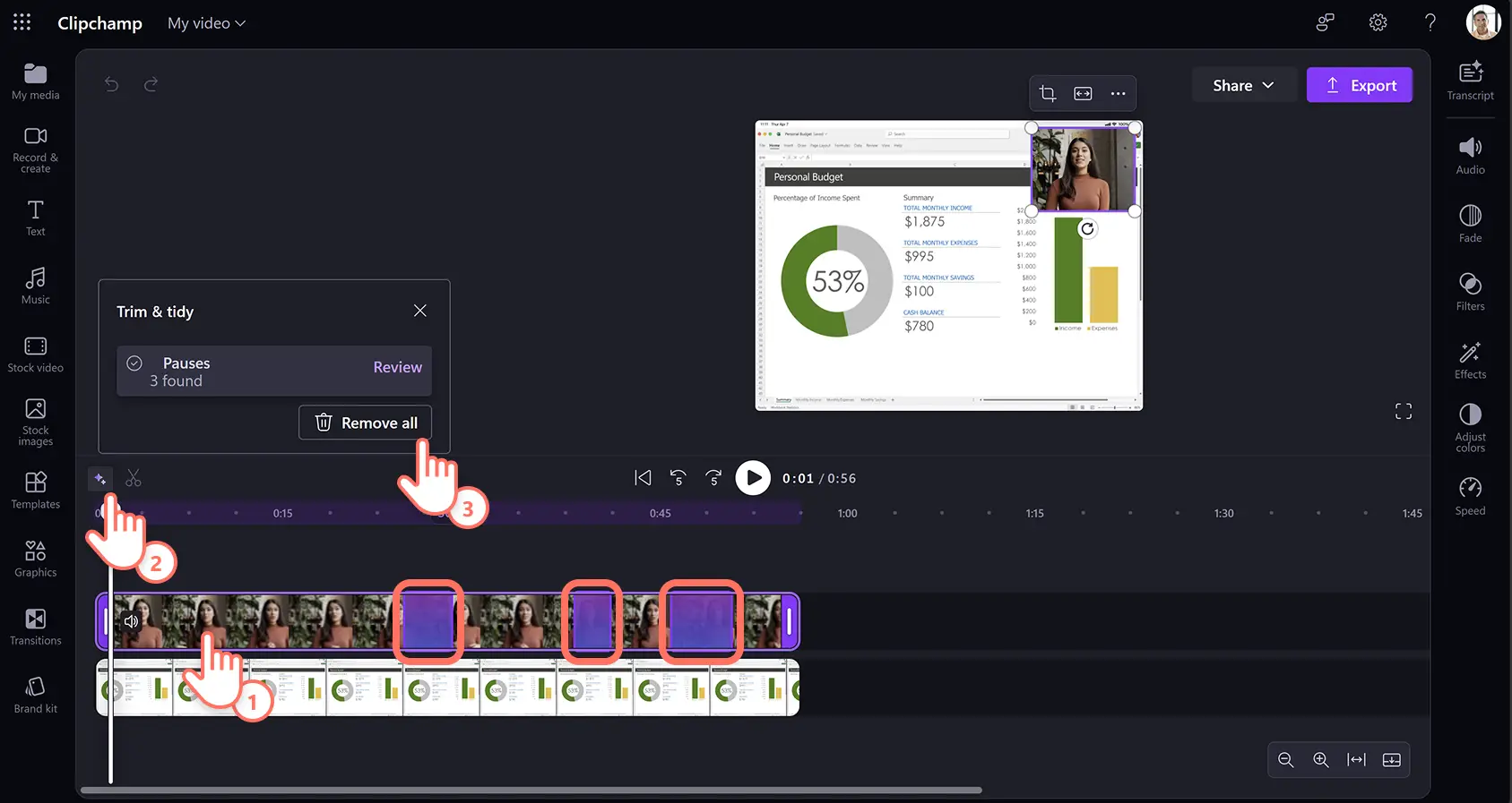 Eine Person, die Pausen mit dem KI-Stilleentferner in Clipchamp für die Arbeit entfernt.