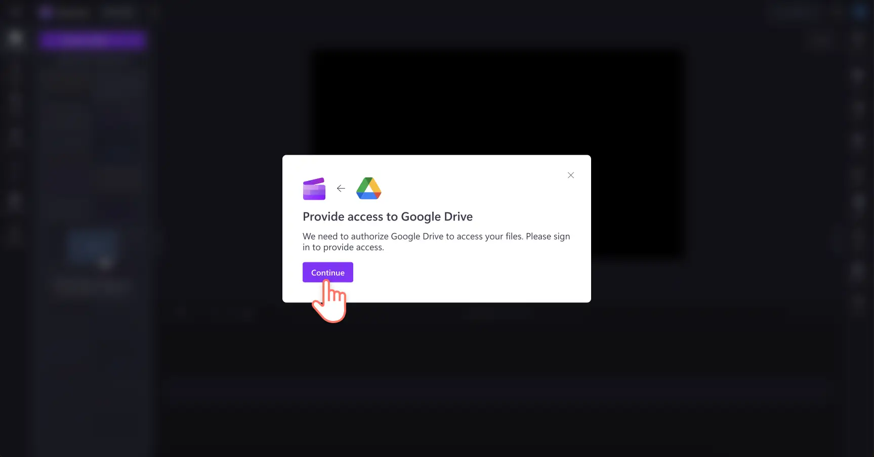 Зображення, на якому користувач надає Clipchamp доступ до Google Диска.