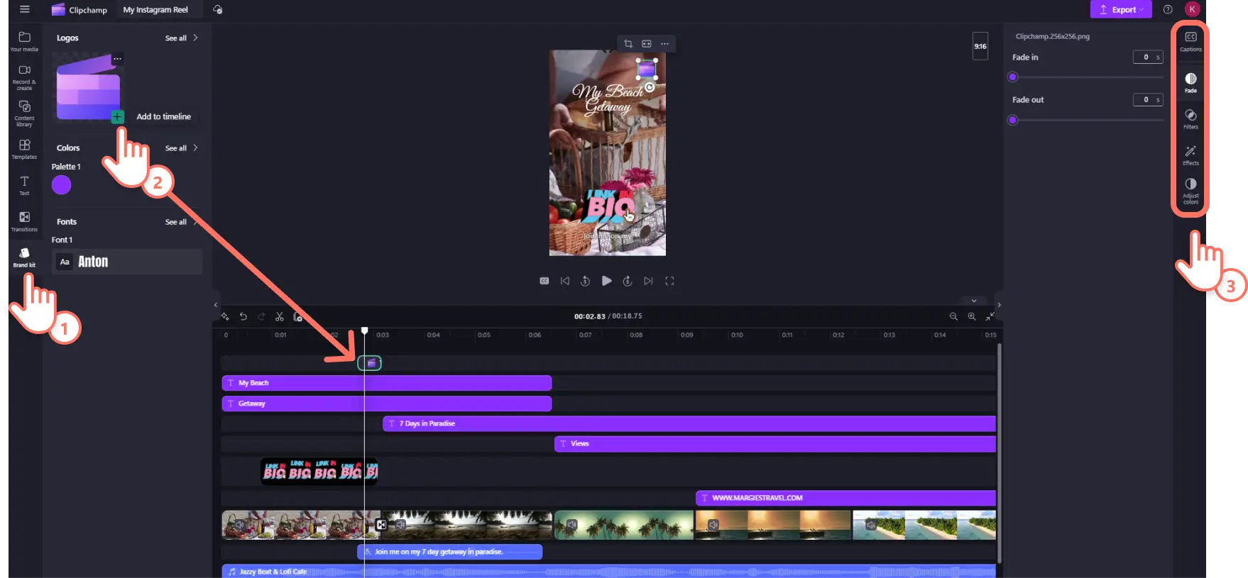 Un utilisateur de Clipchamp utilisant le kit de marque pour ajouter le logo de son entreprise à sa vidéo reels Instagram.
