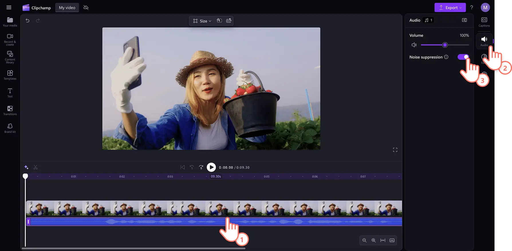 Een gebruiker gebruikt AI in Clipchamp om achtergrondgeluiden en echo's te verwijderen en het volume te verhogen