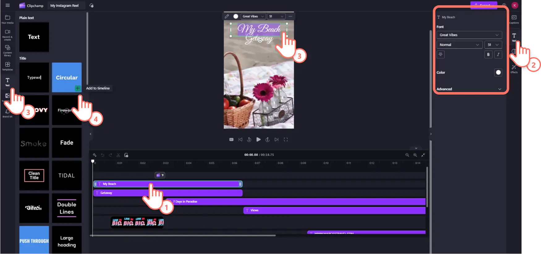Un utilisateur de Clipchamp personnalise le texte pour une vidéo de reel Instagram.