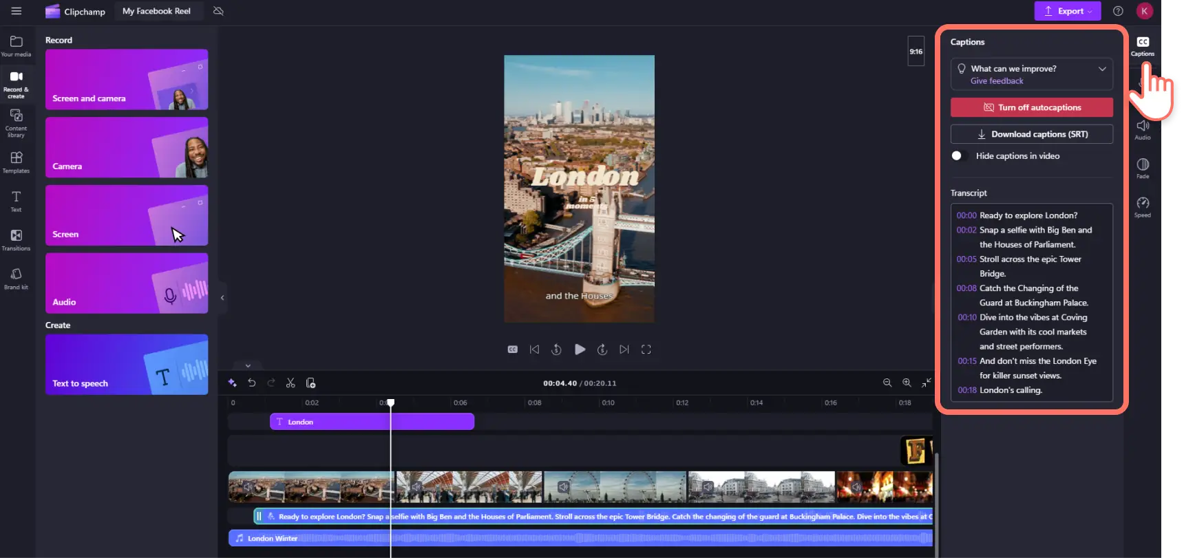 A user creating subtitles for video in Clipchamp.